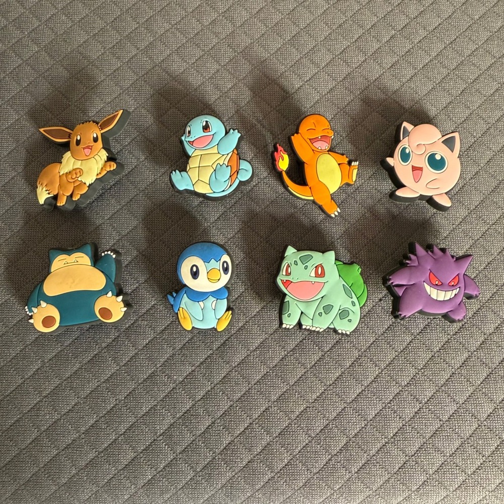 Pokemon Shoe Charms Set of 8 Eevee Squirtle Charmander Snorlax Bulbasaur Gengar